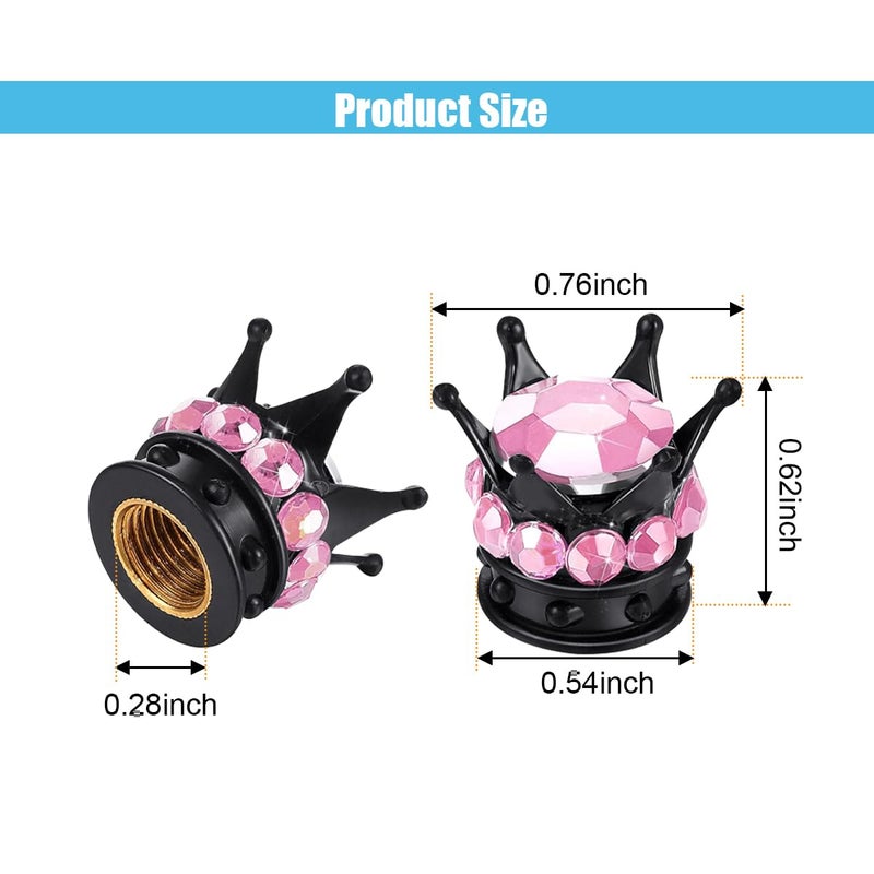 smilfuy 4PCS Crown Tire Valve Stem Caps, Bling Handmade Crystal Rhinestone Wheel Tire Valve Caps Covers Chrome, Attractive Dustproof Bling Car Accessories, Universal for Car SUV Truck (Pink Black) - Image 2
